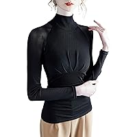 Mesh Tops for Women, Fashion High Neck Semi Sheer Long Sleeve Pleated Patchwork Blouses Ladies Elegant Work Shirts