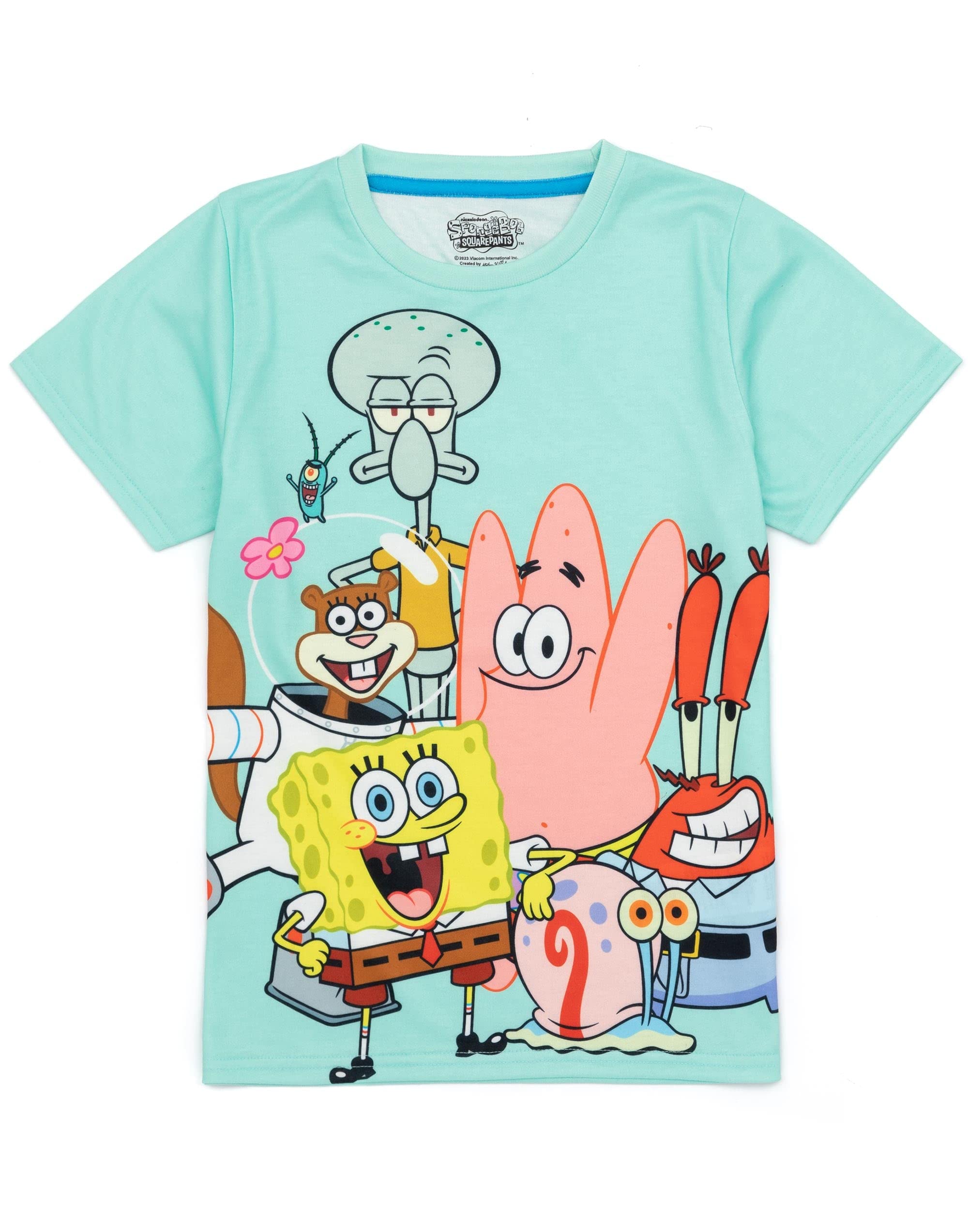 SpongeBob SquarePants Kids Pyjama Set | Boys & Girls Blue Short Sleeve T-Shirt & Shorts | Squidward Patrick Mr Krabs Gary PJs