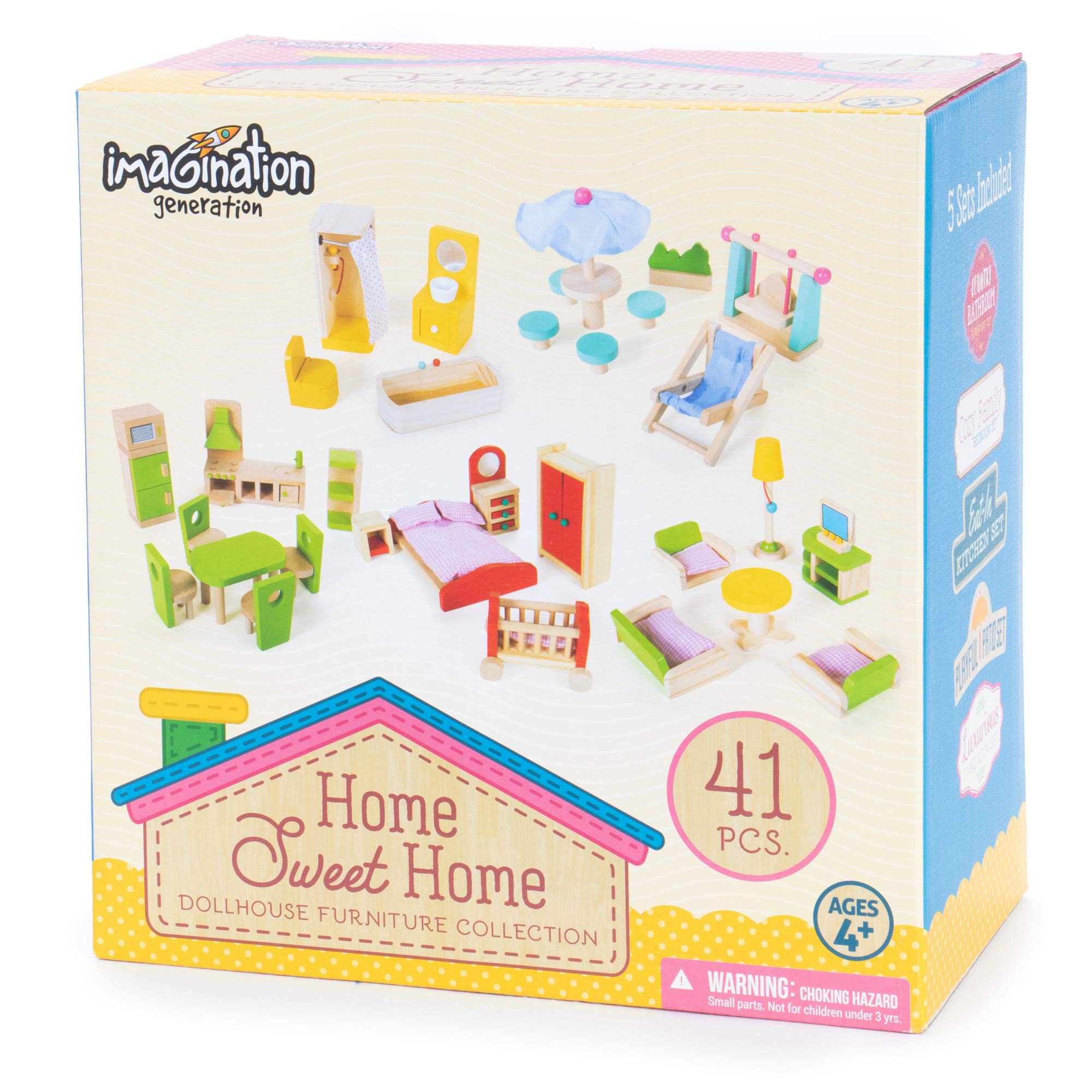 Wooden Dollhouse Furniture|Made of Safe Wood and Bright Water-Based Paint|Compatible with Most Doll Houses|41 Pc Bundle