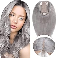 MY-LADY Human Hair Toppers Without Bangs For Women 14 Inch GREY Silk Base 150% Density Clip in Toppers Top Hair Pieces for Thinning Hair Hair Loss
