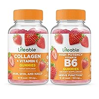 Lifeable Collagen & Vitamin C + Vitamin B6, Gummies Bundle - Great Tasting, Vitamin Supplement, Gluten Free, GMO Free, Chewable Gummy
