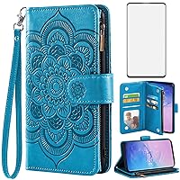 Asuwish Compatible with Samsung Galaxy S10 Wallet Case and Tempered Glass Screen Protector Flip Credit Card Holder Cell Accessories Phone Cover for Glaxay S 10 Edge Gaxaly 10S GS10 X10 Women Men Blue