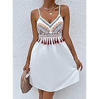 Women's Dress Dresses for Women Graphic Embroidery Tassel Trim Ruched Back Cami Dress Dress (Color : White, Size : Medium)