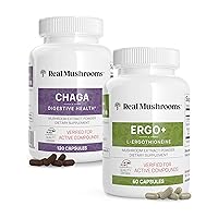 Real Mushrooms Ergothioneine (60ct) and Chaga (120ct) Bundle with Shiitake and Oyster Mushroom Extract - Longevity, Digestive Health - Vegan, Gluten Free, Non-GMO - Natural Support for Healthy Aging