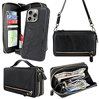 Harryshell Compatible with iPhone 15 Pro Max Case Wallet Multi Zipper Detachable Phone Cover Purse with Card Slots Mirror Crossbody Chain Wrist Strap 6.7 inch 2023 (Black)