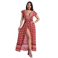 ACSUSS Women's Sexy V Neck Short Sleeve Floral Boho Maxi Dress Flowy Split Long Beach Dress with Belt