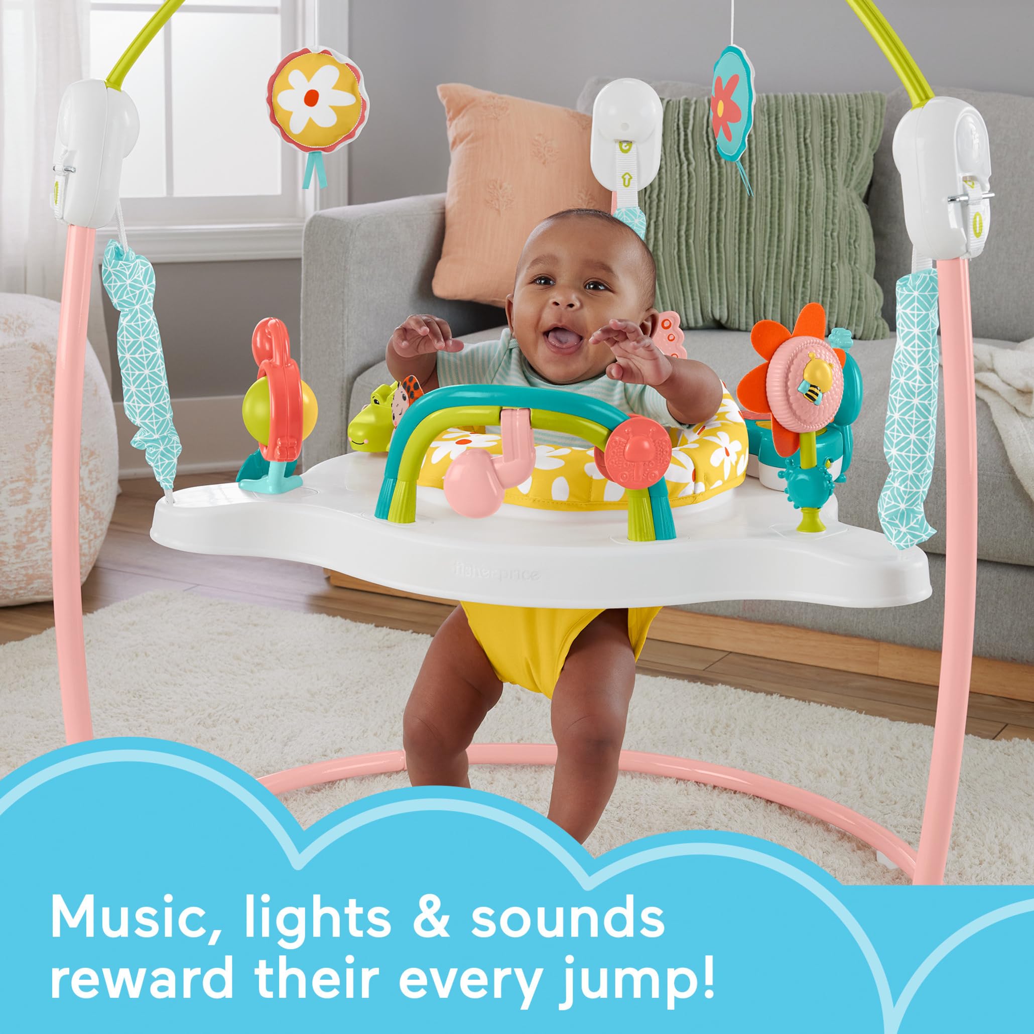 Fisher-Price Baby Bouncer Activity Center Blooming Fun Jumperoo with Music Lights and Developmental Toys for Infants