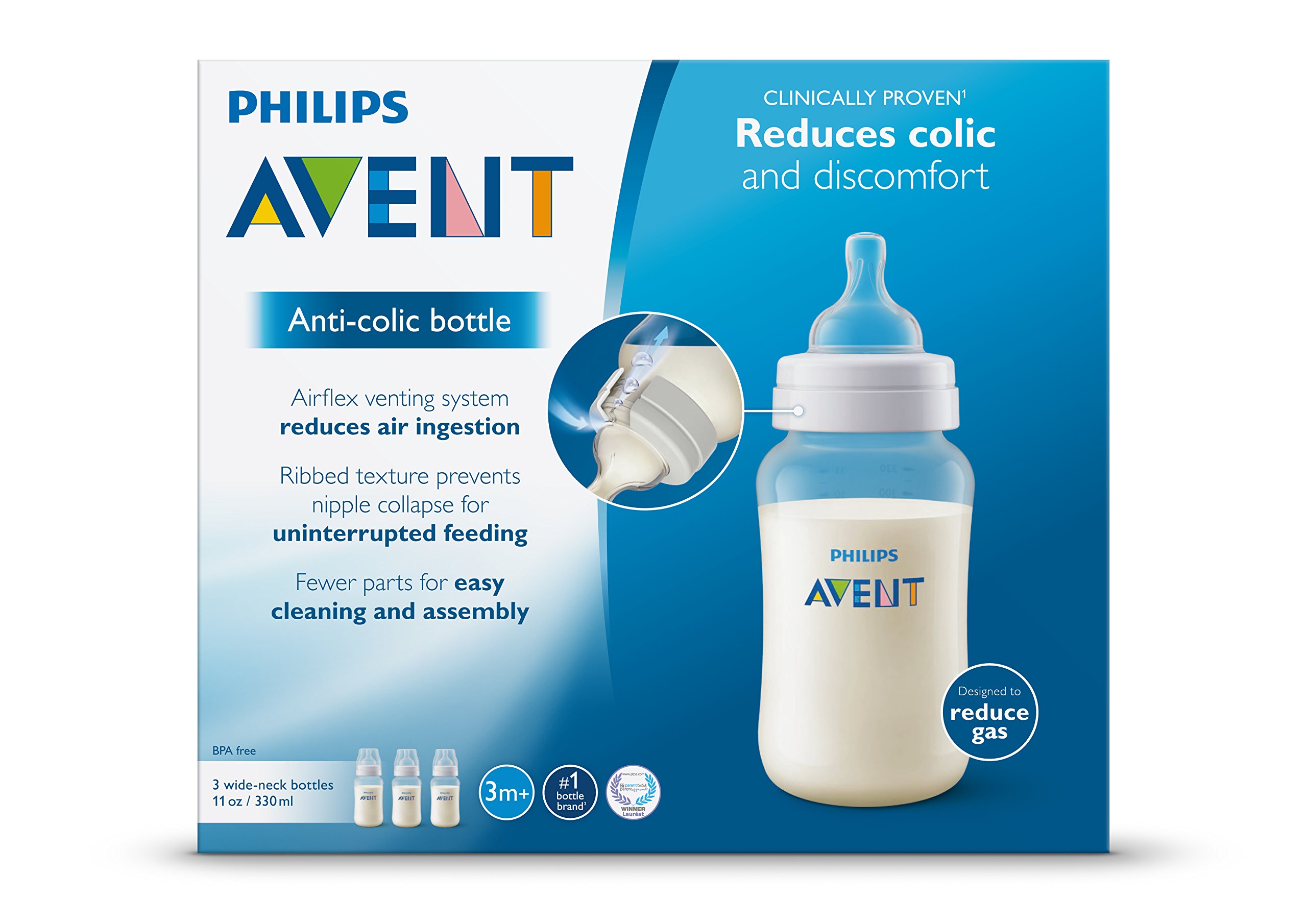 Philips Avent Anti-colic Baby Bottles Clear, 11oz, 3 Piece