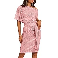 GRACE KARIN Women's Sequin Sparkly Glitter Party Club Dress One Shoulder Ruched Cocktail Bodycon Dress