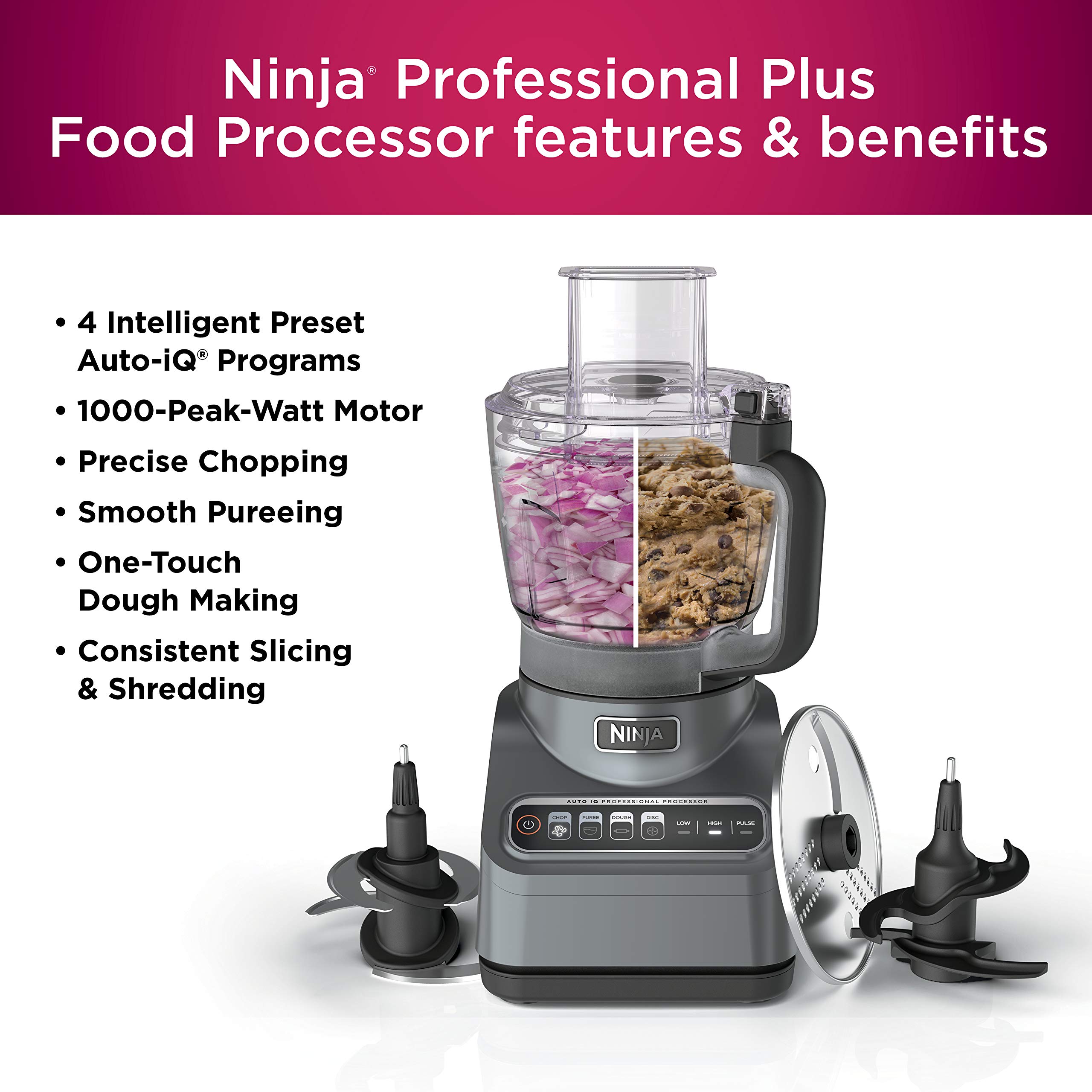 Ninja BN601 Professional Plus Food Processor, 1000 Peak Watts, 4 Functions for Chopping, Slicing, Purees & Dough with 9-Cup Processor Bowl, 3 Blades, Food Chute & Pusher, Silver