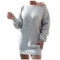 Long Sleeve Dresses for Women Fashion Casual Solid Color Loose Slanted Shoulder Stitching Knitted Dress