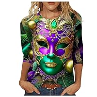 Womens Carnival Mask Printed 3/4 Sleeve Round Neck Shirts Fashion Graphic Tees 3D Print Pullover Fashion Streetwear