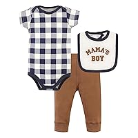Hudson Baby Unisex Baby Cotton Bodysuit, Pant and Bib Set, Brown Navy Mamas Boy, 3-6 Months