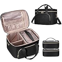 Travel Makeup Bag with 2 Pouches and Adjustable Dividers, Large Cosmetic Case Make up Organizer for Women Fits Bottles Vertically, Black (Patented Design)