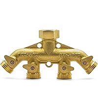 4 Way Brass Hose Splitter - All Metal Body - 4 Way Hose Connector and Garden Hose Adapter for Outdoor Faucet Use, Heavy Duty Fittings to Connect to Outside Water Hose Bib, Multi Valve