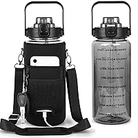64oz Half Gallon Water Bottle With Sleeve, Water Bottles with Time Marker/Straw/Chug One Lids, Leakproof Tritan BPA Free Reusable Water Jug Easy Carry for Adult and Kids Gym Sports Outdoors