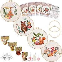 Picoey Animal Embroidery Kit for Beginners with Pattern and Instructions,4 Pack Cross Stitch Kits,2 Wooden Embroidery Hoops,Threads and Needles,Needlepoint Kit for Adults