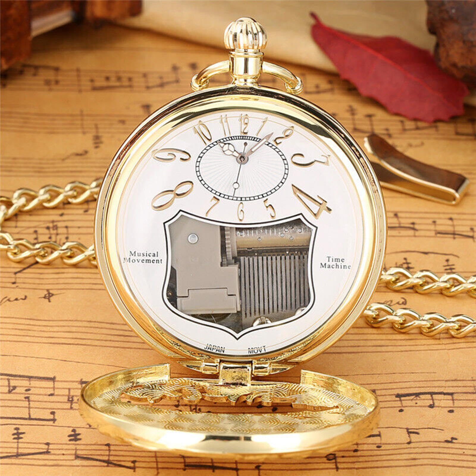 TECKEEN Music Pocket Watch, Can Play The Music, Vintage Time Pocket Watch Movement Running Train On Case