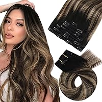 Moresoo Balayage Hair Extensions Clip in Real Human Hair 16inch Full Head Silky Straight Hair Color #1B/3/27 Black Fading to Brown Highligted Clip in Hair Extensions 7pcs 120grams