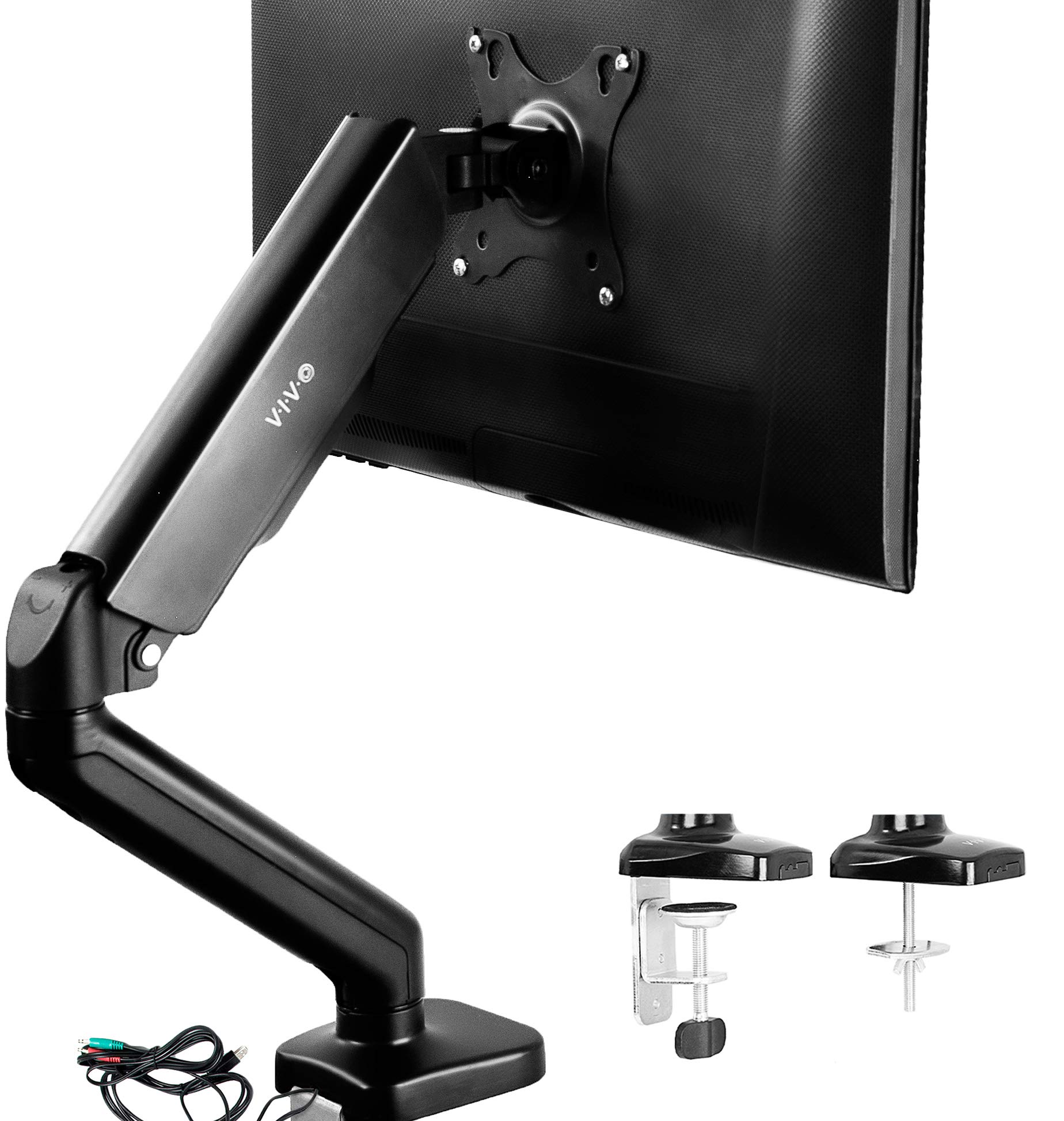 VIVO Single Monitor Height Adjustable Counterbalance Pneumatic Desk Mount Stand with USB and Audio Ports, Universal Fits Screens up to 27 inches ST...