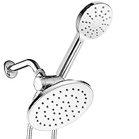 6-inch Rain Shower Head/Handheld Combo. Convenient Push-Button Flow Control Button for easy one-handed operation. Switch flow settings with the same hand! Premium Chrome