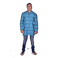 Indian 100% Cotton Om Print Men’s Shirt Kurta Loose fit Blue Color Plus Size