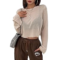 COZYEASE Women's Long Sleeve Mesh Crop Top Crewneck Knit Pullover Tops See Through Tee Tops
