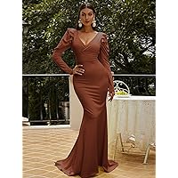 Women's Dress Ruffle Trim Gigot Sleeve Maxi Bodycon Dress Dress for Women (Color : Coffee Brown, Size : Large)