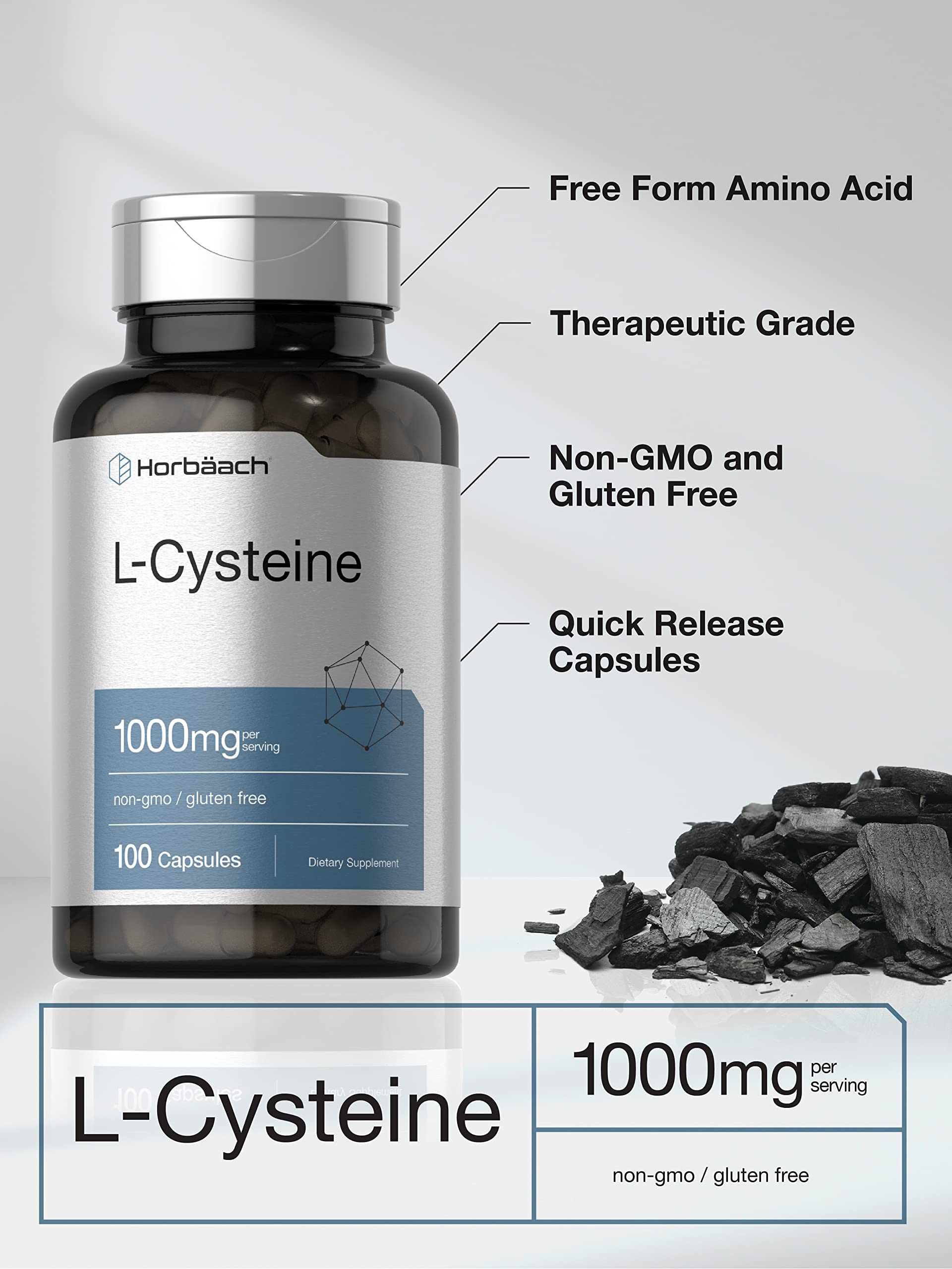 L Cysteine 1000mg | 100 Powder Capsules | Non-GMO, Gluten Free Supplement | by Horbaach