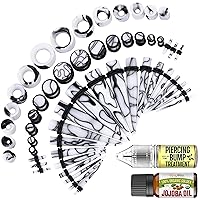 BodyJ4You 48PC Ear Stretching Kit 14G-00G - Aftercare Jojoba Oil Keloid Bump Drops - Marble Black White Acrylic Plugs Gauge Tapers Silicone Tunnels - Lightweight Expanders Men Women