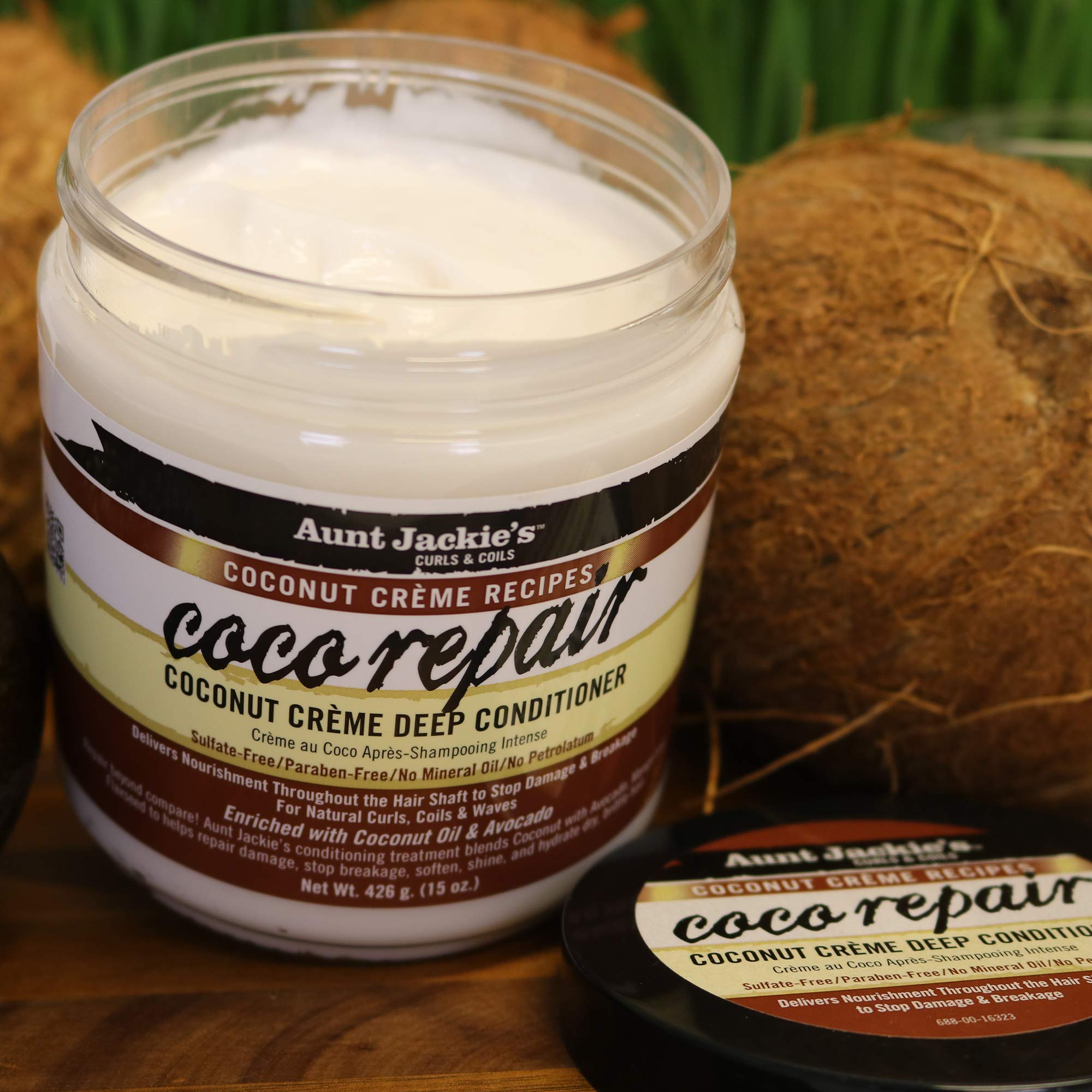 Aunt Jackie's Coconut Crème Recipes Coco Repair Deep Hair Conditioner, Delivers Nourishment, Stops Damage, Breakage for Natural Curls, 15 oz