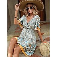 Dresses for Women Floral Print Butterfly Sleeve Dress (Color : Multicolor, Size : X-Small)