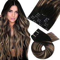 Moresoo Clip in Hair Extensions Real Human Hair Balayage Double Weft Clip in Extensions Human Hair Ombre Black to Brown Mixed with Dark Golden Blonde Clip in Human Hair Extensions 24inch 7Pcs 120G