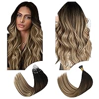 The Perfect Match - 2 Items: YoungSee I Tip Human Hair Extensions Brown Balayage 18 inch & Micro Beads Hair Extensions Human Hair Balayage Darkest Brown to Brown with Blonde 18 inch