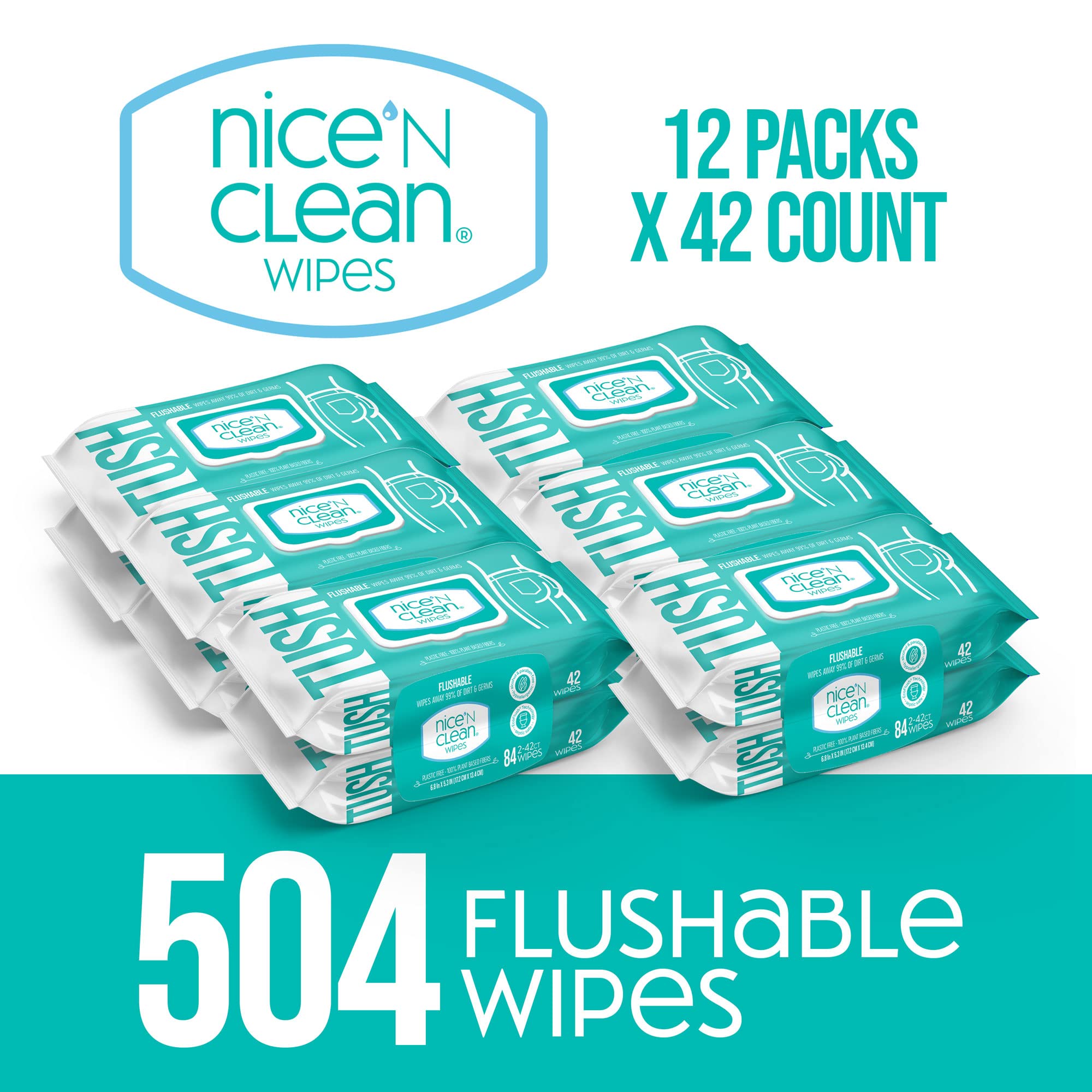 Nice 'N Clean Adult Flushable Wipes (12 x 42 Count) | Personal Cleansing Wipes Made from Plant-Based Fibers | Infused with Aloe & Vitamin E