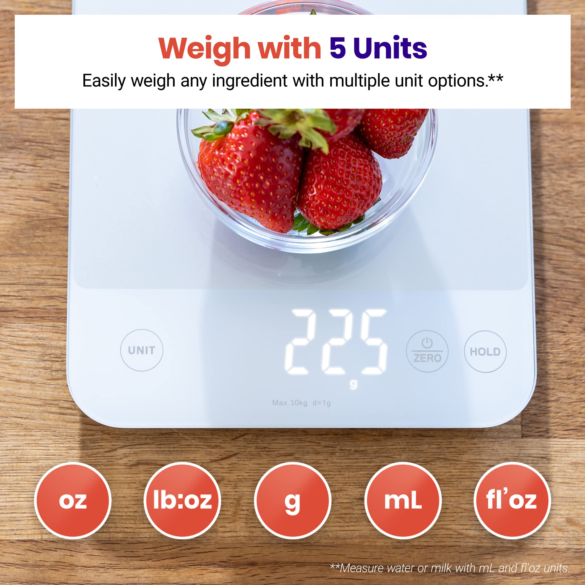 Etekcity Luminary Lite 22lb Food Kitchen Digital Scale, IPX6 Waterproof, Rechargeable, Ounces and Grams for Weight Loss, Cooking, Baking, 0.05oz/1g Precise Graduation, Silver White