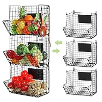 X-cosrack Metal Wire Basket Wall Mount, 3 Tier Wall Storage Basket Organizer with Chalkboards Hooks, Kitchen Fruits and Vegetables Produce Bin Rack Toys Organizer Bathroom Tower Hanging Basket (Black)