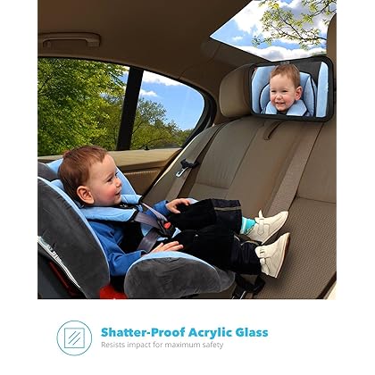 Baby & Mom Back Seat Baby Mirror - Rear View Baby Car Seat Mirror Wide Convex Shatterproof Glass and Fully Assembled - Crash Tested and Certified for Safety (Black)