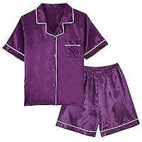 Vopmocld Big Kids Unisex Pjs Set Girls Boys Silk Pajama Sets Satin Clasic Sleepwear Summer 2 Pieces Button Down Nighty