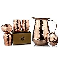 Copper Pitcher With Lid - 68 Oz And Cups 12 Oz - Drink More Water Lower Your Sugar Intake And Enjoy The Health Benefits Immediately - Pure Copper Handmade Hammered Jug - The Best Bedside Carafe