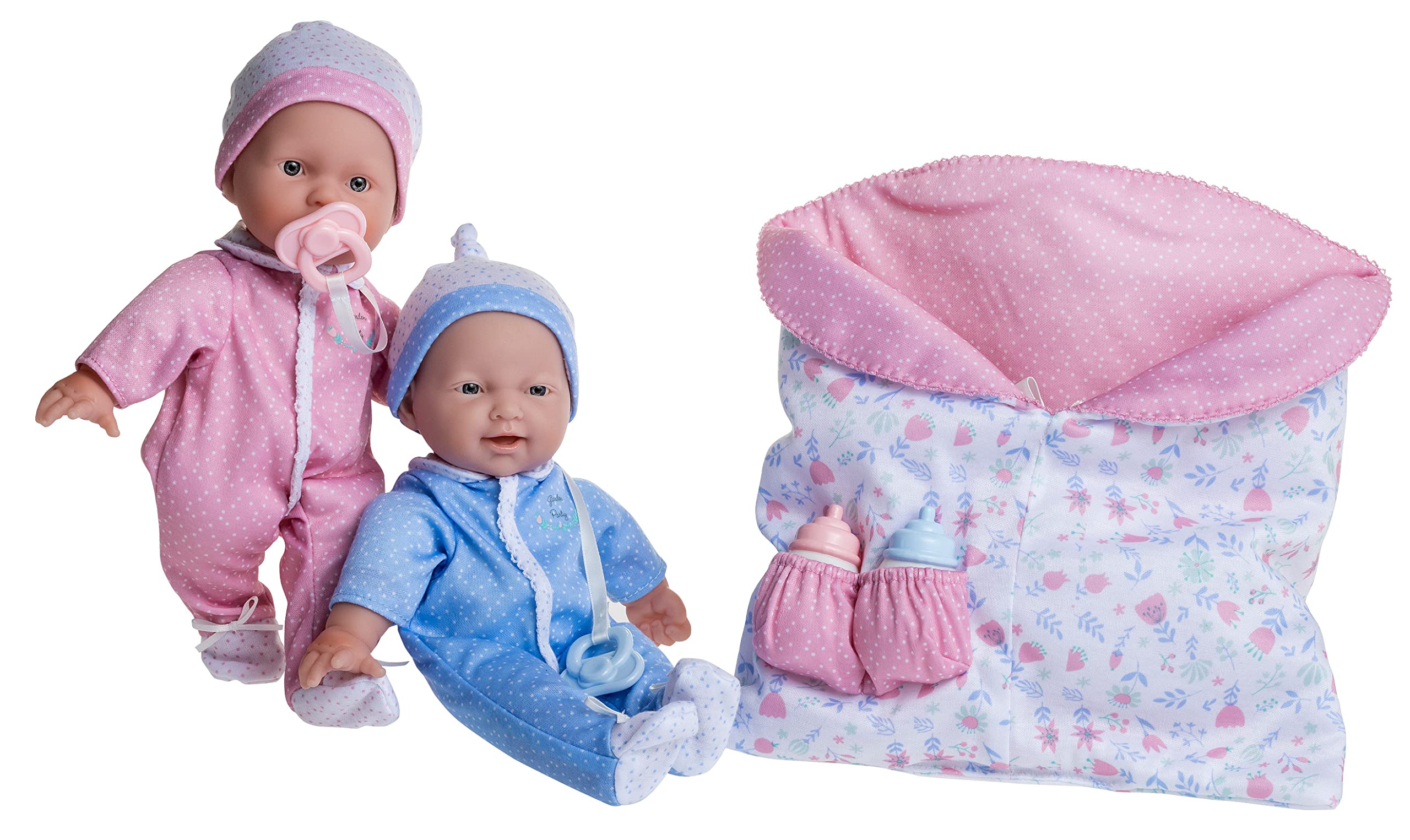 JC Toys La Baby Twins Sleeping Bag Gift Set |11-inch Small Soft Body Dolls Washable |Removable Pink and Blue Outfits, Pacifier & Blanket | 12 Months+