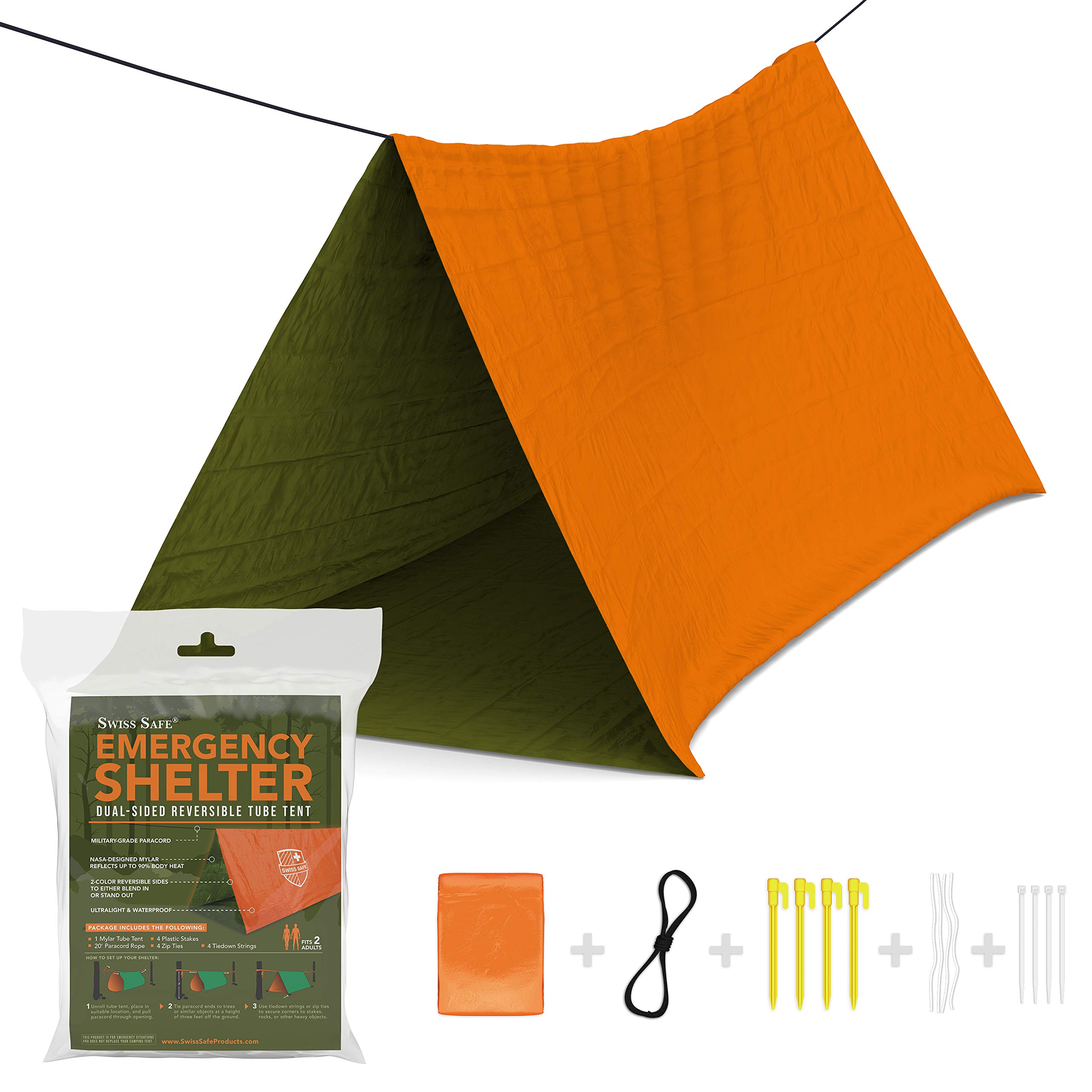 Emergency Survival Shelter Tent (Reversible Two-Sided Tent) + Paracord, Tent Spikes, Zip-Ties: 100% Waterproof, Ultralight and Extra Large