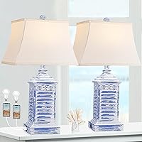 Coastal Table Lamps for Bedrooms Set of 2 Farmhouse Bedside Lamp for Living Room Modern 3-Color Temperature Blue Washed Nightstand End Tables Lamp with USB Ports and AC Outlet (Bulbs Included)