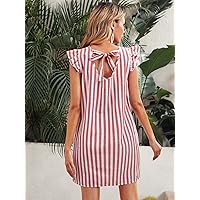 Women's Casual Ladies Comfort Dresses Tie Back Ruffle Armhole Striped Dress Leisure Perfect Comfortable Eye-catching (Color : Red and White, Size : X-Small)