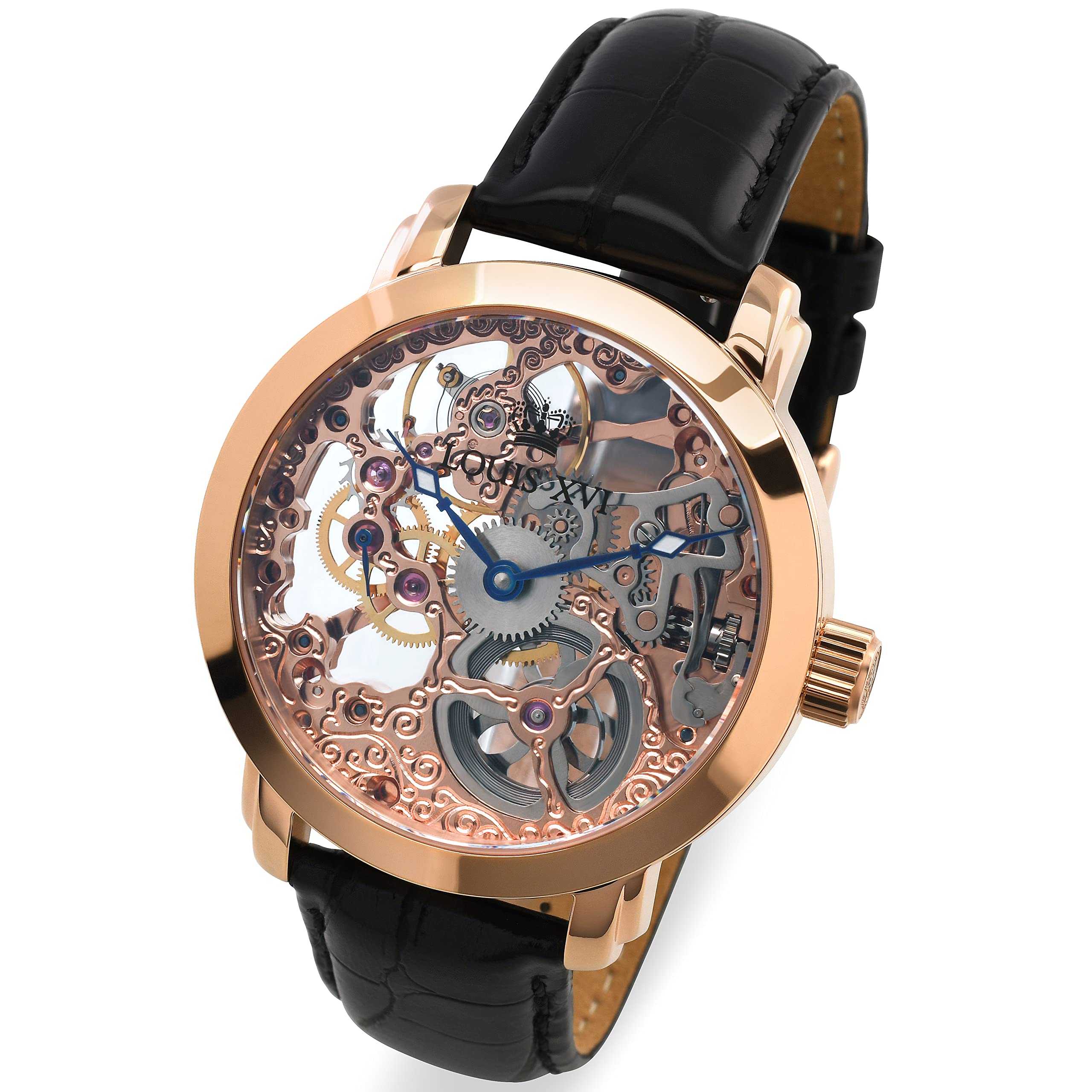 LOUIS XVI Herren-Armbanduhr Versailles Roségold Handaufzug Mechanisch Skeleton Analog PU-Leder Schwarz 333