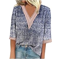 Lace Going Out Tops for Women Three Quarter 3/4 Sleeve T Shirt Tees Tie Dye Flower Printed Tunic Clothes Fashion