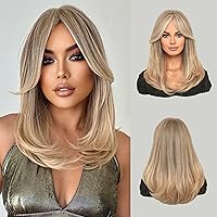 7JHH WIGS Ash Blonde Layered Straight Wigs Shoulder Length Long Curtain Bangs Layered Cut Natural Blonde Wigs Fashion Style for Women Daily Party Use