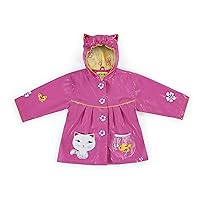 Pink Lucky Cat PU All-Weather Raincoat for Girls w/Fun Ears, Flowers, Fish Bowl Pocket
