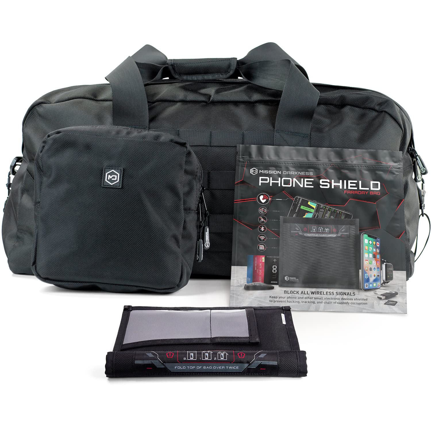 Mission Darkness Protected Traveler Faraday Bag Bundle - Collection Includes 1 Phone Bag +1 Faraday Duffel Bag with MOLLE Pouch. RF Shielding, EMF Reduction, EMP Protection, Anti-Tracking & Hacking.