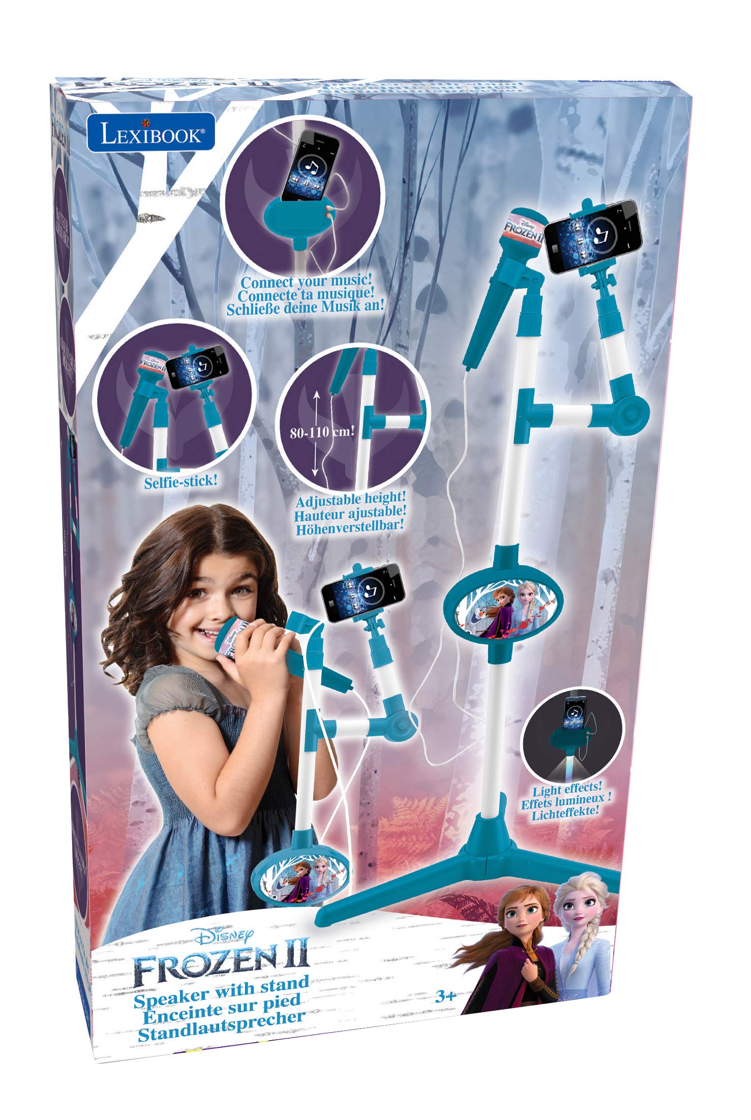 LEXiBOOK S150FZ_50 Disney Frozen 2 Elsa Anna Olaf Microphone with Speaker and Lighting Stand, Auxiliary Jack to Connect Music, Blue/Purple